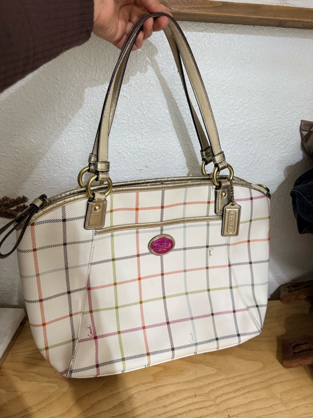 Coach White Plaid Tote with Metallic Gold Handles and Multicolor Stripes